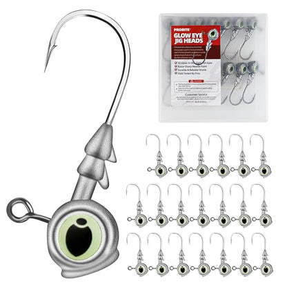 Glow Eye Jig Head, 20pcs Jig Heads Fishing Hooks with Luminous Eyes, 4 Sizes Assorted, Sharp Hook for Soft Lures, Saltwater & Freshwater Fishing - size: 1/4oz