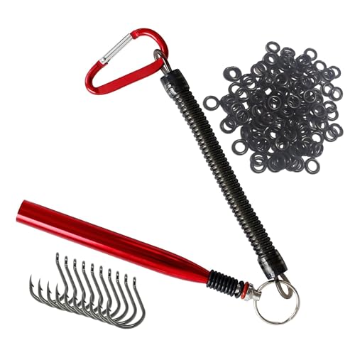 Reaction Tackle Wacky Rig Tool and O-Rings for Soft Plastic Worms, Bass Fishing Wacky Rig and Neko Rig Stick Bait Setup for Largemouth and Smallmouth - color: Red Tool plus 125 O-rings +10 hooks