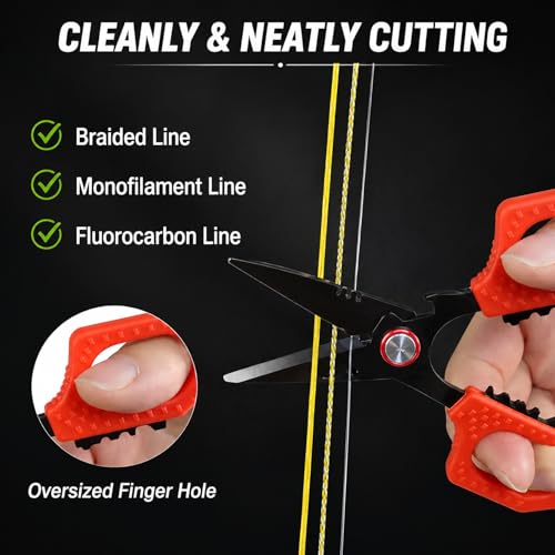 Eupheng Multifunction 4.7" Pro Fishing Scissors,Dual Serrated Blades Titanium-Coated Fishing Shears with Zinger Retractor Clip,Compatible with Braided Line,Mono and Fluorocarbon - style: 4.7in Red Scissors + Black Zinger