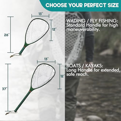 Riverruns Fly Fishing Landing Net Carbon Fiber Trout Net with Measurement Handle, Soft Rubber Mesh - 26" Standard (Wading) / 37" Long (Kayak) - color: 26" Wading Net (Standard) - Green 3K Woven