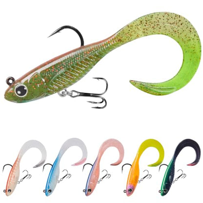 TRUSCEND Duramax Easy Catch Soft Fishing Lures with BKK Hook, Trembly Sinking & Vibrating Swim for More Bites, Pre-Rigged Curly & T-Tail Swimbait for Bass, Trout, Crappie, Freshwater Saltwater Fishing - color: A1-3"-1/4oz