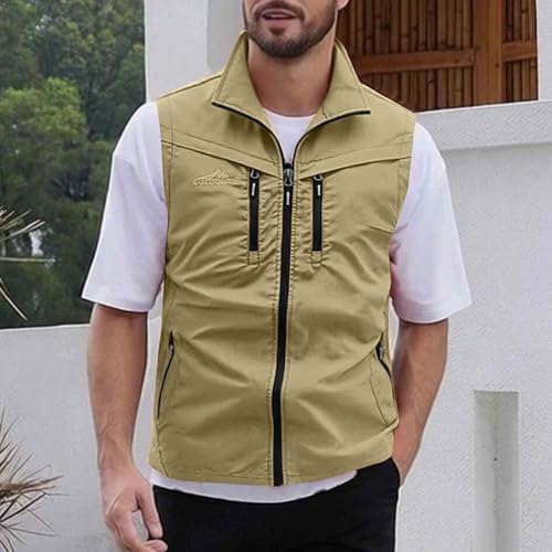 Men Fishing Vest Lightweight Outerwear Golf Running Sleeveless Jacket Travel Photo Utility Vest with Zipper Pockets - color: #02 Khaki, size: XX-Large