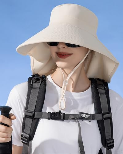 Sun Hats Women UV Protection with Neck Flap Wide-Brim Ponytail Hole Quick-Dry Breathable Hiking Fishing Gardening Hat