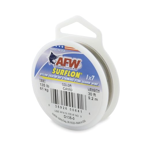 American Fishing Wire Surflon Nylon Coated 1x7 Stainless Steel Wire Leader - Wire Fishing Leader Line for Saltwater 10lb Up To 250lb Test in Bright, Black, Camo in 30ft, 100ft, 300ft, & 1000ft Lengths - color: Camo, style: 30 Feet, 135 Pound Test