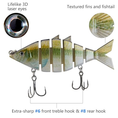 BASSDASH Bone Swimbait Multi Jointed Hard Fishing Lure for Bass Trout Bluegill Pike with Angled Cut Segments - color: Emerald Shiner