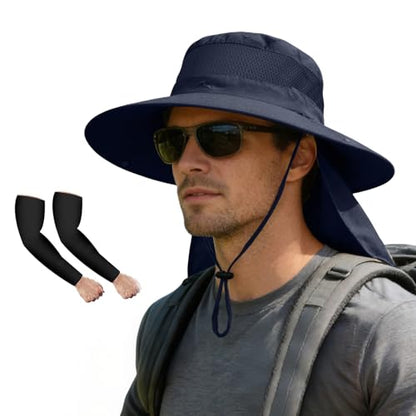 ZOORON Sun Hats for Men Women Fishing Hat with Neck Flap,UPF 50+ Sun Hat Waterproof Wide Brim Bucket Hats for Safari Hiking - color: 1-navy Blue-arm Sleeves