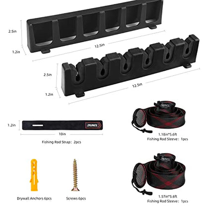 RUNCL Fishing Rod Holder, Rod Sleeve, and Rod Strap Kit, Wall Mounted Vertical Fishing Rod Rack, Fishing Pole Holders Hold Up to 6 5-11mm Rods, Fishing Rod Storage Combo Set - color: C: 1 Set Black