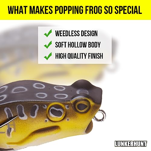 Lunkerhunt Frog Fishing Lure for Bass Fishing | Popping Frog Lure 1/4 oz | Topwater Fishing Bait with Weedless Hooks, Hollow Body, Trout Pike Lures - color: Croaker, size: 2.25 inch