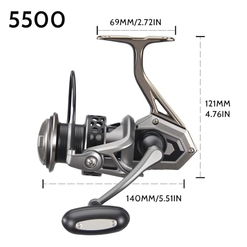 AG Spinning Reel, Freshwater and Saltwater Spinning Fishing Reels, 5+1BB, 22LBs Max Drag, 5.2 Gear Ratios, CNC Aluminum Spool & Handle - size: 5500