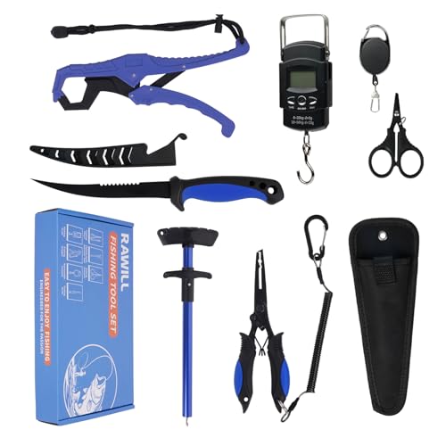 RAWILL Fishing Kit,Filleting Knife,Hook Remover,Fish Grip, Line Cutter,Fishing Scale, Pliers with Lanyards,Not Include Batteries - color: Blue