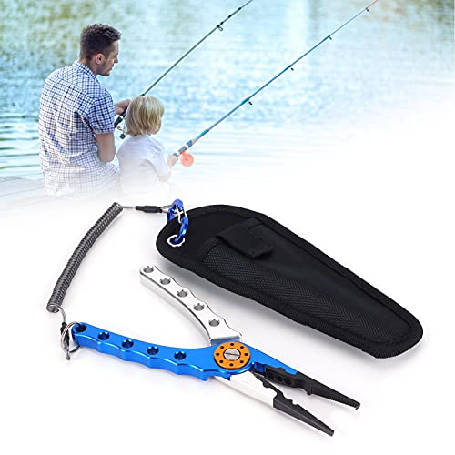 Fishing Pliers Saltwater, Split Pliers Hook Remover, with Safety Lock, Split Pliers Tools, with Sheath and Lanyard, Aluminum Alloy Multi Function Fish Tools - color: Blue Silver