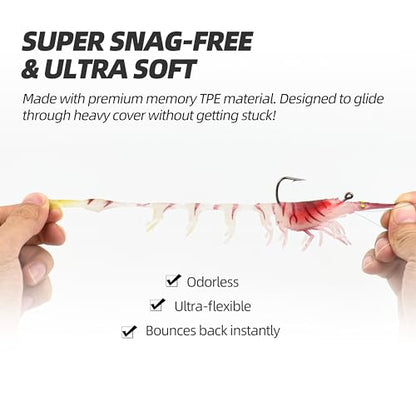 Pre-Rigged Weighted Shrimp & Crawfish Fishing Lures – Soft Bait with Lead Weight, Weedless, Realistic Action – Durable for Bass, Trout, Crappie, Saltwater & Freshwater Fishing - size: 3.5in-3/8oz
