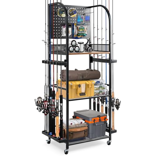 Fishing Rod Holders for Garage, Fishing Rod Rack Holds Up to 12 Rods, Rolling Fishing Pole Storage Organizer with Pegboard, Hooks & Wheels, Fishing Gear Organizer for Tackle Boxes, Reels & Accessories