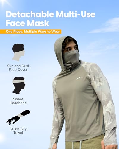 maamgic Men’s UPF 50+ Fishing Shirt Sun Hoodie with Detachable Face Mask, Long Sleeve UV Rash Guard - color: Camouflage Brown, size: Large