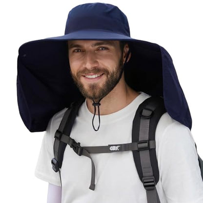 HUAMULAN Women Large Brim Sun Hat with Neck Flap, Men Quick Dry Hiking Fishing Safari Hat UPF 50+ - color: Navy With Mesh Panel
