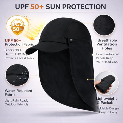 Mens L/XL/XXL Sun Hat with Removable Neck Flap UPF 50+ Fishing Hat Waterproof Quick Dry Breathable Baseball Cap for Cycling - color: Black, size: X-Large-XX-Large