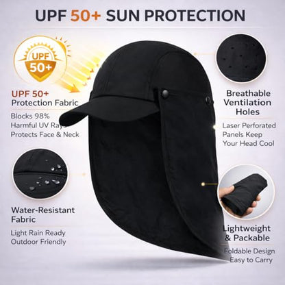 Mens L/XL/XXL Sun Hat with Removable Neck Flap UPF 50+ Fishing Hat Waterproof Quick Dry Breathable Baseball Cap for Cycling - color: Black, size: Medium-Large