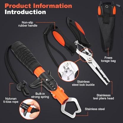 RoundFunny 9 Pcs Fishing Tool Kit, Fishing Pliers with Lanyard Sheath, Fillet Knife Kit Combo, Digital Scale, Hook Remover, Lip Gripper, Braid Scissors, Fish Gear Equipment Easter Gift Basket Men