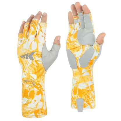 KastKing Agies Fishing Gloves Men, UPF 50+ Sun Gloves UV Protection, Cooling Quick-Dry 3/4 Fingerless Gloves with Extended Cuff, Microfiber Palm & Pull Tabs, for Fishing, Kayaking, Hiking, Hunting - color: X Camo-Mahi, size: Small-Medium