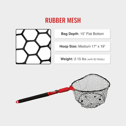 EGO S2 Slider Fishing Net Handle | Adjustable Extension Handle, Minimal Water Drag Design, Ergonomic Foam Grip for Landing Nets - size: 18" to 36" Handle, 17" x 19" Hoop, style: Lightweight Non-tangle Rubber Mesh