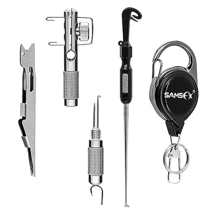 SAMSFX Fishing Stainless Steel Hook Tier, Knot Tying Tool, Loop Tyer, Hook Remover and Zinger Retractors Combo - color: Hook Tier with Gray Grip