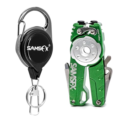SAMSFX Fishing Tungsten Line Cutter with Zinger Retractors, Fishing Pliers Cutters, Knot Tying Tool, Hook Eye Cleaner, Hook Sharpener - color: Green