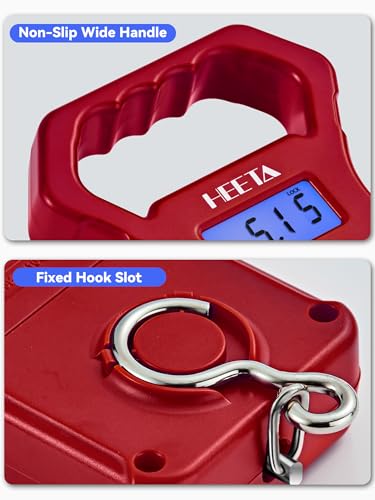 HEETA Fish Scale, 110lb/50kg Digital Portable Hanging Fishing Weight Scale with Backlit LCD Display, Luggage Scale with Hook, Non-Slip Large ABS Handle & 2 AAA Batteries, Fishing Gifts Gear for Men - color: Red