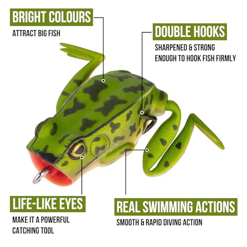 Lunkerhunt Frog Fishing Lure for Bass Fishing | Popping Frog Lure 1/4 oz | Topwater Fishing Bait with Weedless Hooks, Hollow Body, Trout Pike Lures - color: Green Tea, size: 2.25 inch