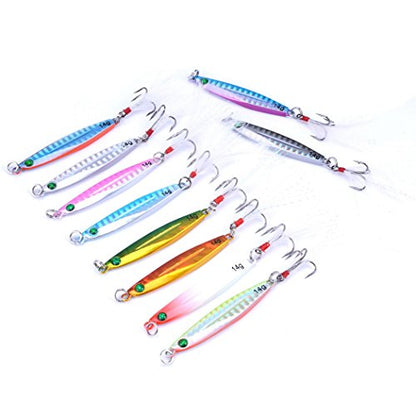 Aorace 10pcs Hard Metal Jigs Diving Sea Fishing Lures Minnow Popper Baits Tackle Crankbait Saltwater Freshwater Lures with Feather - color: 10pcs 6cm/14g