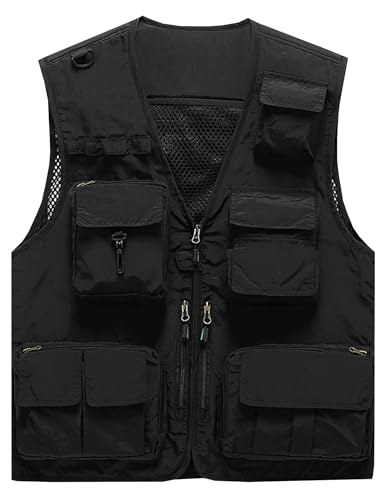 Flygo Men's Casual Lightweight Outdoor Fishing Work Safari Travel Photo Cargo Vest Jacket Multi Pockets - color: Black, size: X-Large