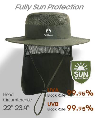 FURTALK Sun Hats for Men Women Fishing Hat with Neck Flap UPF 80+ Breathable Wide Brim Hiking Safari Summer Bucket Hats - color: Green