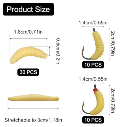 Rubber Maggots Fishing Bait, 20 Pcs Fishing Baits with Hooks + 30 Pcs Soft Maggot Bait Bread Worm, Fish Lures Worms Bulk FishGrubs for Trout, Crappie, Pan Fish, Bluegill, 50 Pack