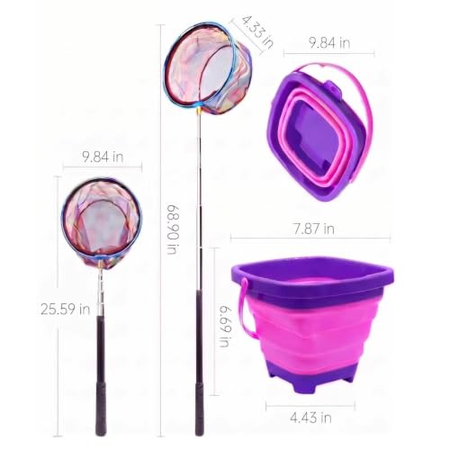 2PCS Fishing Net with Bucket, Telescopic Fishing Landing Net, Collapsible Youth Sand Bucket, Youth Fish Butterfly Catching for Freshwater Saltwater Outdoor Activities - color: Blue + Purple
