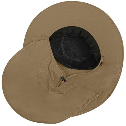Rosoz Sun Hat for Men Women with Neck Flap,Wide Brim UPF50+ Fishing Hat with Detachable Face Cover Outdoor Sun Protection Hat - color: 1pack-brown