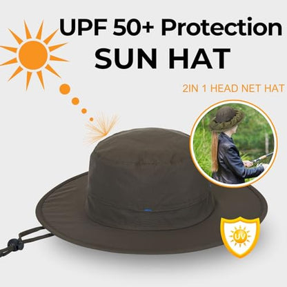 Flammi Mosquito Net Hat Safari Hat UPF 50+ Sun Protection Boonie Hats for Men with Neck Flap Fishing Hiking Hat for Men/Women - color: Khaki Green