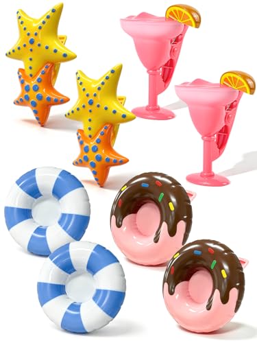 Beach Towel Clips 8 Pack, Cute Beach Chair Clips, Strong Grip Towel Clips for Beach Chairs, Summer Fun Clothespins for Cruise, Pool, Beach, Vacation, Outdoor Loungers - style: Swim Ring + Donut + Starfish + Cocktail Glass