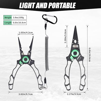 Fishing Pliers with Innovative Ergonomical Handle, Corrosion Saltwater Resistant,Fishing Multitool Hook Remover Braided Fishing Line Cutting, Split Ring with Coiled Lanyard and Sheath - color: Dark Gray-6.6"