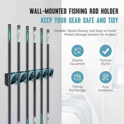 Vertical Fishing Rod Holder, Wall Mounted Fishing Rod Holder, Fishing Pole Rack Holds Up to 6 Rods or Combos, Fishing Rod Holders for Garage, Fits Most Rods of Diameter 3-19mm (1, Blue)