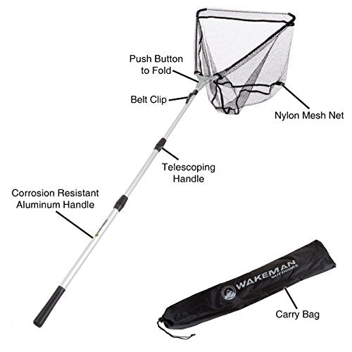 Wakeman Fishing Net with Telescoping Handle- Collapsible and Adjustable Landing Net with Corrosion Resistant Handle and Carry Bag Outdoors (80”), Silver, 47.5" x 64.5"