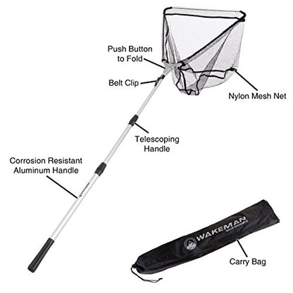 Wakeman Fishing Net with Telescoping Handle- Collapsible and Adjustable Landing Net with Corrosion Resistant Handle and Carry Bag Outdoors (80”), Silver, 47.5" x 64.5"