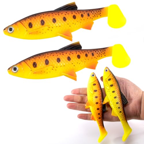 Alwonder 2-Pack Fishing Swimbait Soft Plastic Lures Saltwater, 6.1IN Texas Rig Paddle Tail Swim Baits Freshwater, Sinking Paddle Tail Soft Lure Bait for Pike Musky Bass Tarpon Halibut Mackerel Grouper - color: Yellow