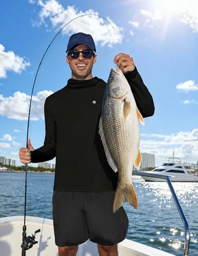 PINSPARK UPF 50+ Sun Protection Hoodie Men with Mask Quick Dry Long Sleeve Fishing Hiking Shirts UV Rash Guard Lightweight - color: Black, size: X-Large