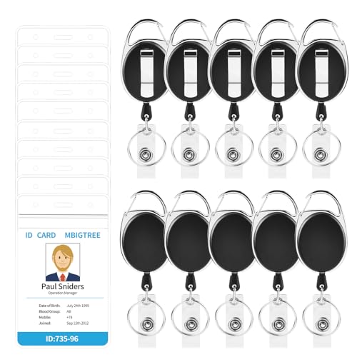 10 Pack ID Badge Holder, Badge Holder Retractable Clip with Carabiner Reel Clip and Key Ring for Men and Women - style: Black-10pcs with ID hold