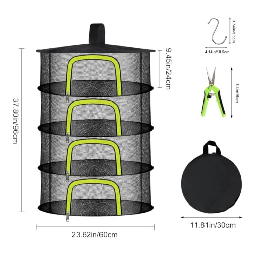 4 Layer Herb Drying Rack, Hanging Mesh Net, Foldable Plant Drying Rack with U-Shaped Zipper, Garden Trimming Shears and Hooks, for Drying Herbs Plants, Fruits, Seafood, Clothing - size: 4 Layers-23.62''