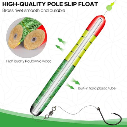 QualyQualy Catfish Fishing Bobbers, Weighted Catfish Pole Floats/LED Fsihing Bobber, 3PCS High Visibility Wood Pole Fishing Float - color: D-Green Pole Float, size: 12"-3Pcs