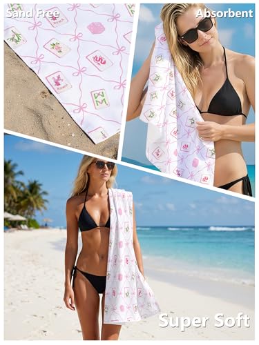 Coquette Pink Bow Mahjong Beach Towel - Grandmillennial Preppy Girly Large Sand Free Towel 30x60 Inch for Beach Camping Swim Pool Gym Sports & Yoga, Mahjong Lovers Players Gifts - color: Btowels10