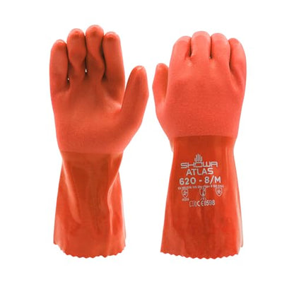 SHOWA Atlas 620 Double-Dipped PVC Chemical Resistant Gloves, Rough Finish Grip, Seamless Cotton Liner - size: Large, style: Single Pair