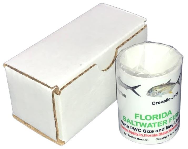 36” x 2” Vinyl Adhesive Ruler Decal Showing 20 Common Florida Saltwater Fish in True-to-Life Color Photographs and Their Current FWC Rules with Highlighted Slot Limit Brackets. UV Protected.
