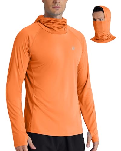 Roadbox UPF 50+ Men's Hooded Fishing Shirts, Long Sleeve UV Sun Protection Hoodie Hiking Running Swim Rash Guard with Mask - color: Orange, size: Small