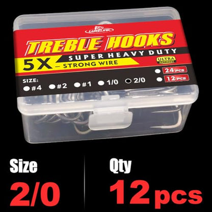 Fishing-Treble-Hooks-5X-Extra-Strong-Heavy-Duty Ultra Anti-Rust Bulk Hooks for Saltwater and Freshwater Fishing Sizes 5/0 to #8 - size: 2/0 12-Pack